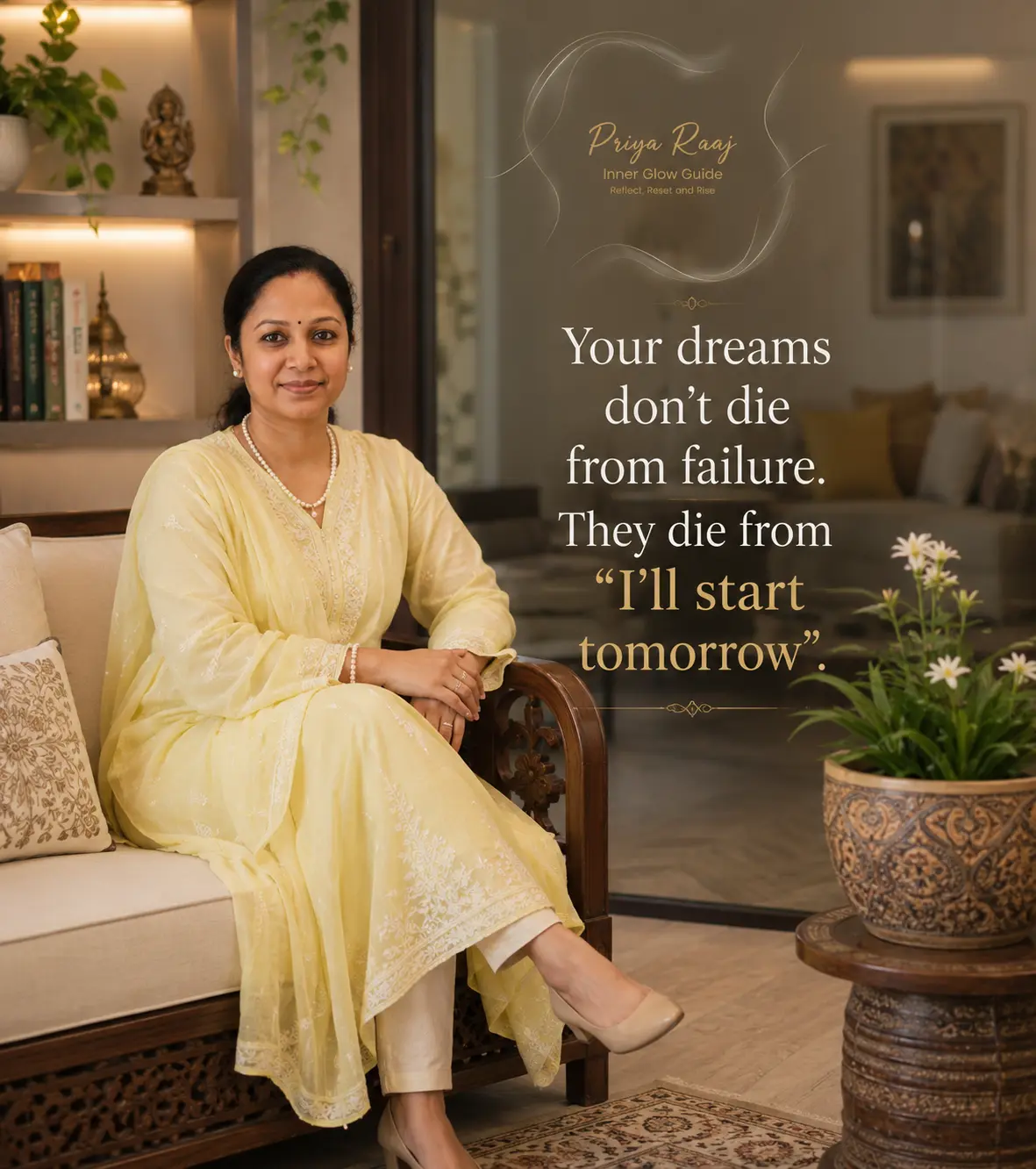 Priya Raaj in a pale yellow outfit beside a panel reading 'Your dreams don't die from failure'