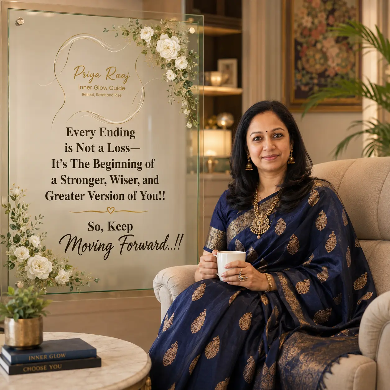 Priya Raaj in a navy saree beside a panel reading 'Every Ending is Not a Loss'