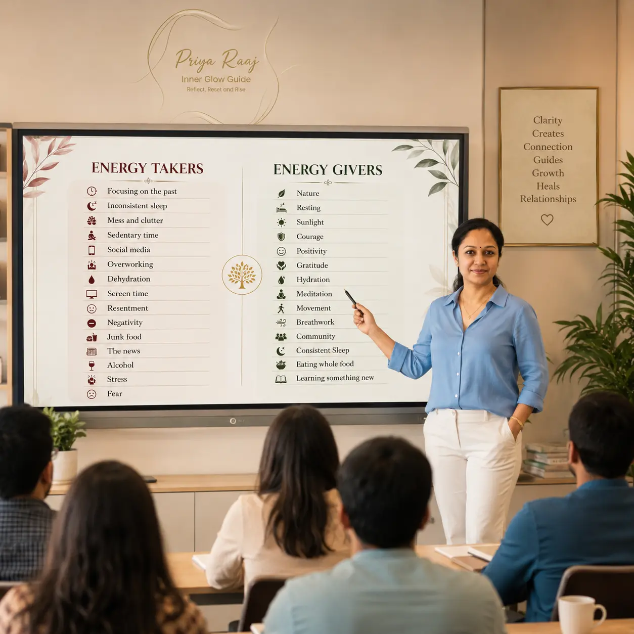 Priya Raaj in a blue shirt presenting a slide comparing energy takers and energy givers