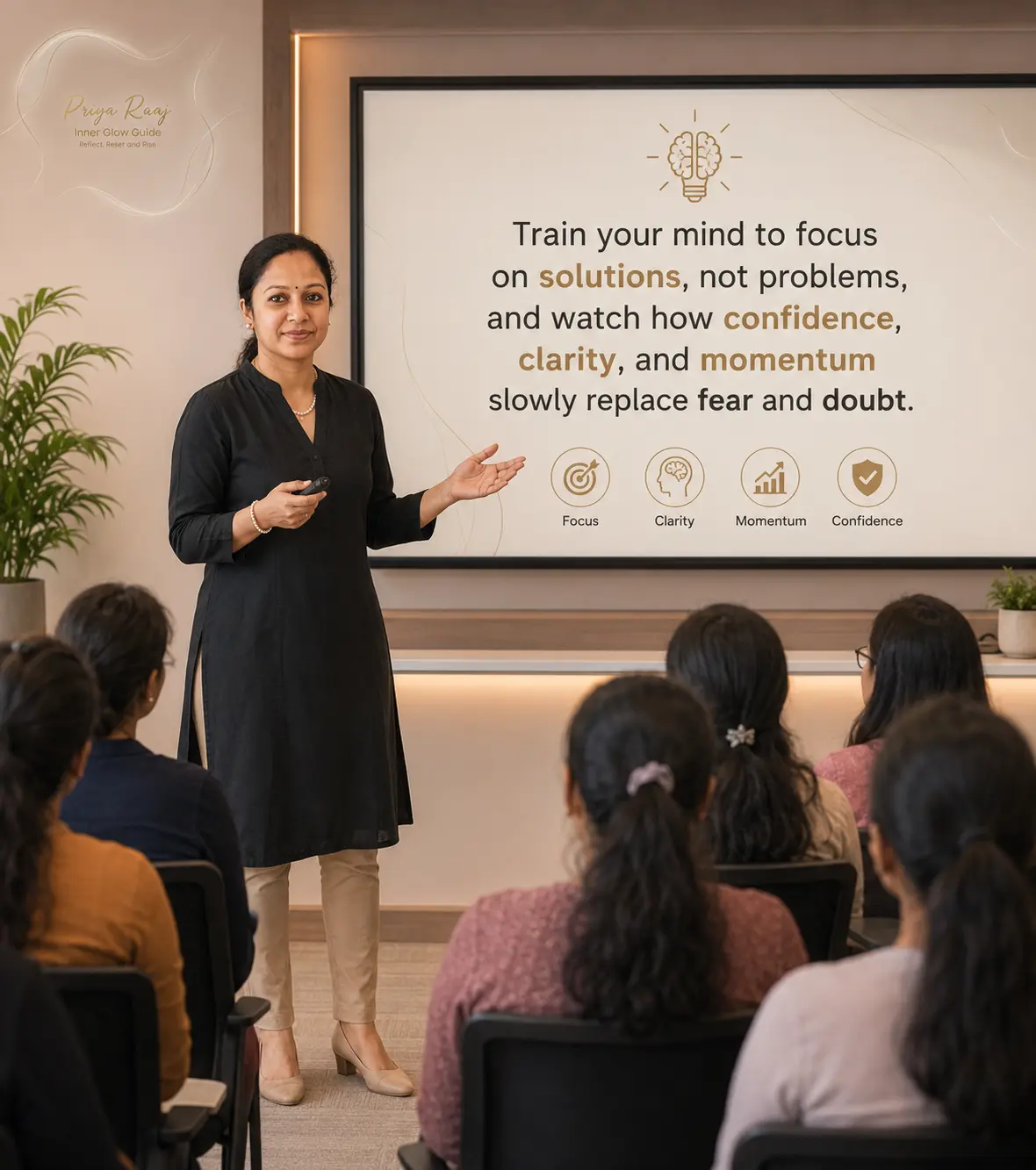Priya Raaj in a black outfit presenting a slide about focusing on solutions and confidence to a workshop audience