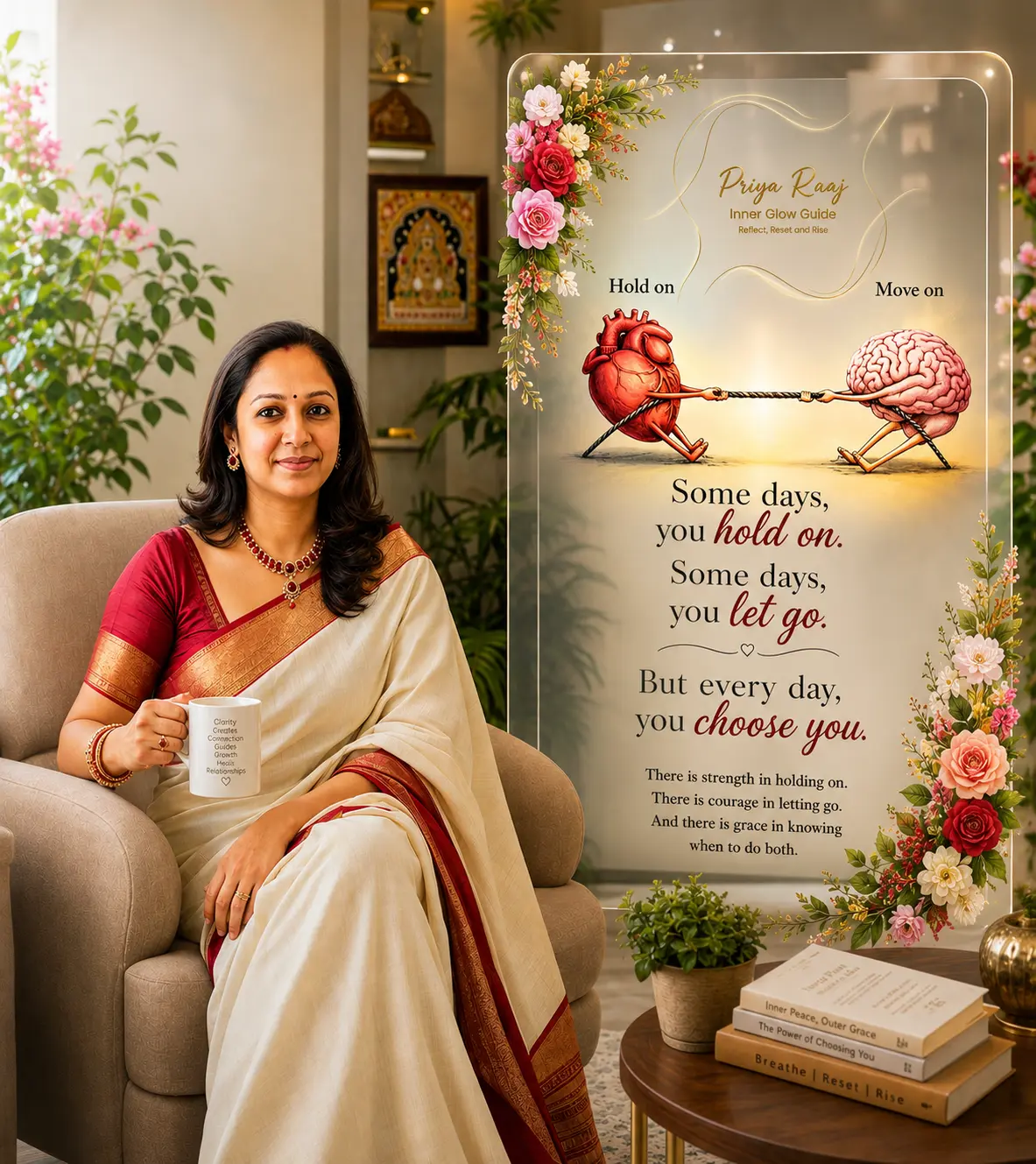 Priya Raaj in a white and red saree beside a heart and brain panel about what to hold on to and what to move on from