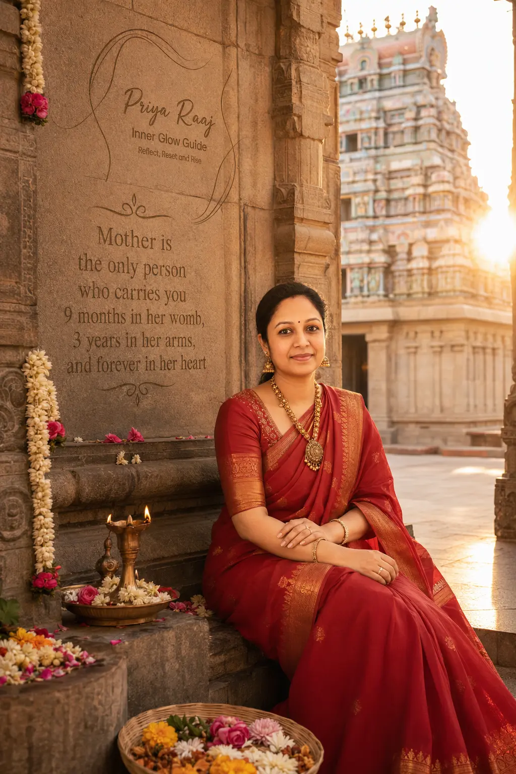 Priya Raaj in a red saree seated at a South Indian temple