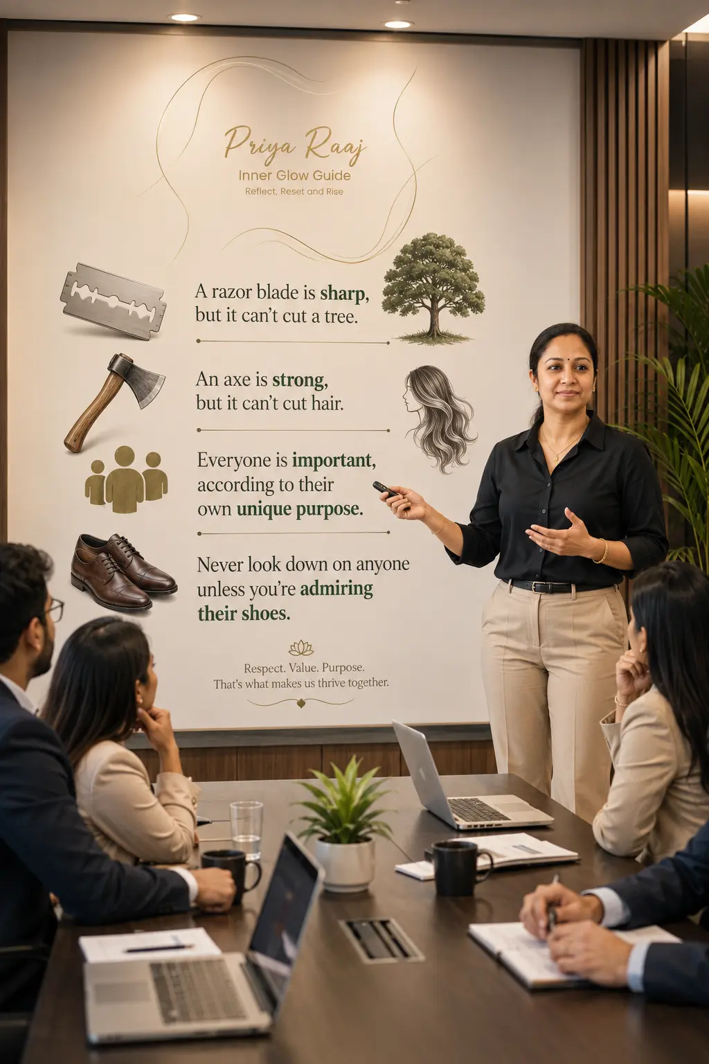 Priya Raaj presenting a razor, axe and purpose slide to a corporate audience